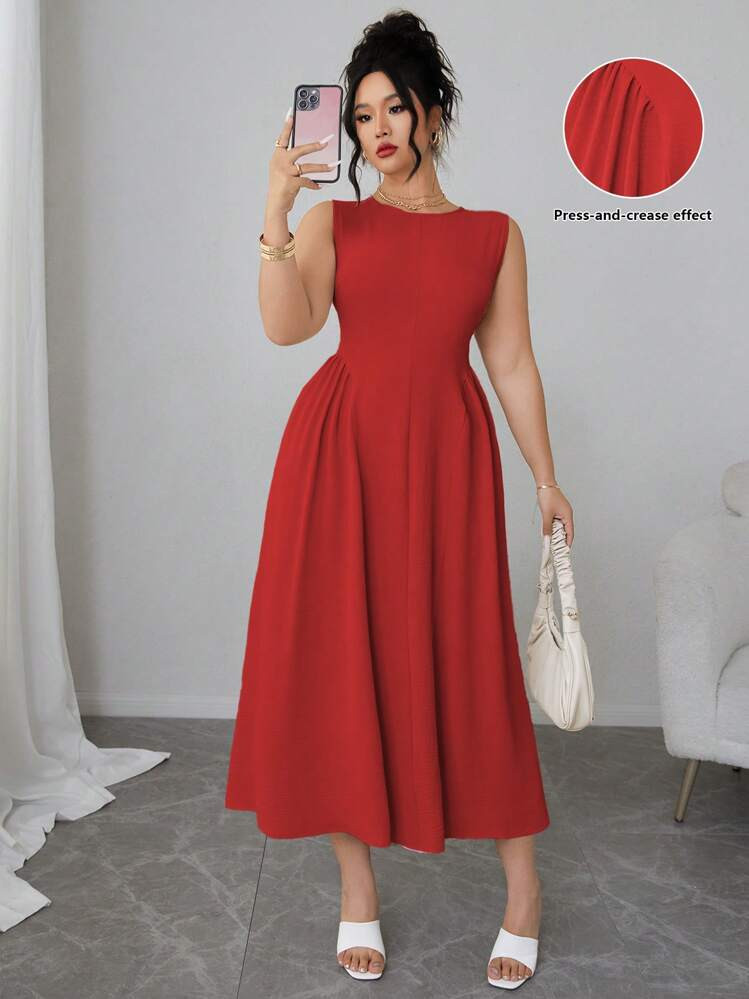 Elenzga Plus Size Solid Color Round Neck Sleeveless Simple Casual Long Dress | SHEIN