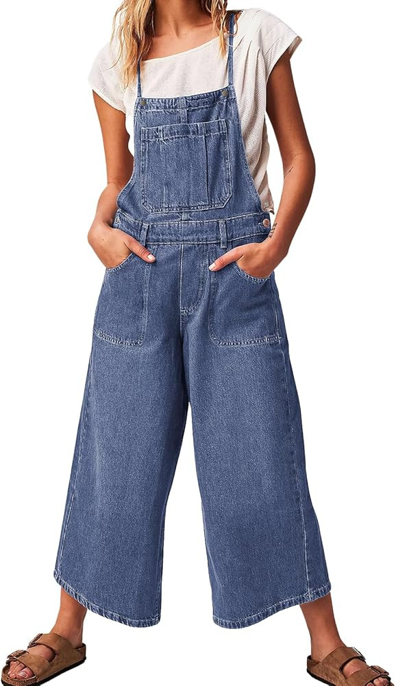 ebossy Women's Floral Denim Overalls Adjustable Spaghetti Strap Wide Leg Baggy Crop Jean Bib Jump... | Amazon (US)