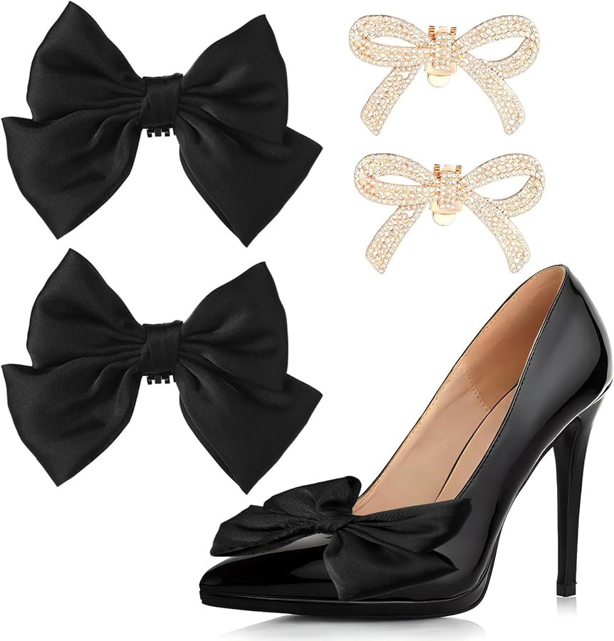 4pcs Bow Shoe Clips, Detachable Bowknot Shoe Clips for Women Bow Shoe Buckles Rhinestone Shoe Clips Bow Knot Shoe Charms for Heels for Wedding Bridal Party Daily Wearing (Black, Golden) | Amazon (US)