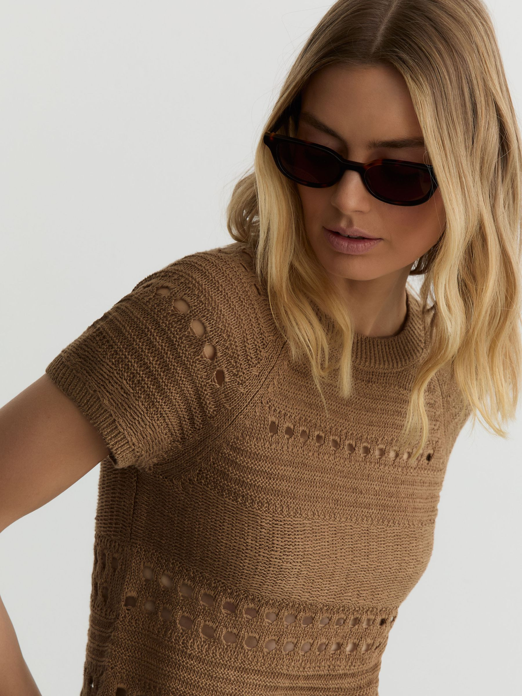 Reiss Linen Textured-Knit Top in Taupe Neutral - REISS | Reiss UK