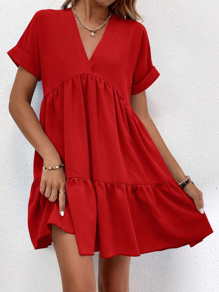 SHEIN LUNE Solid Ruffle Hem Smock Dress For New Year Clothes | SHEIN