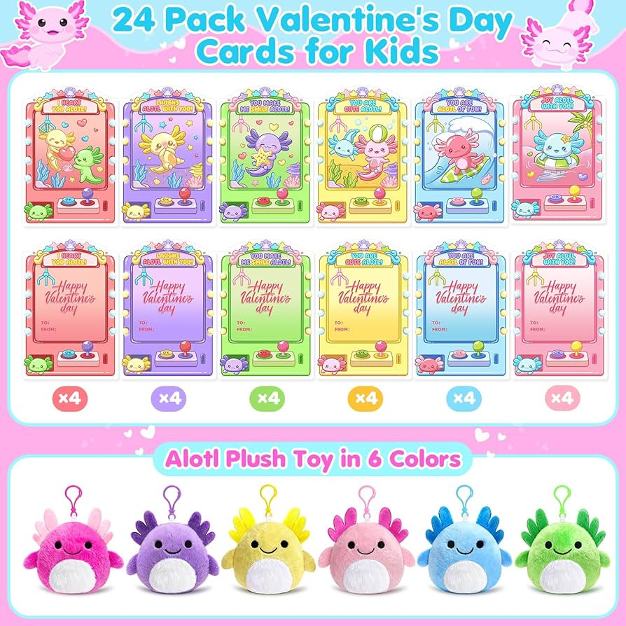 Valentines Day Gifts for Kids, 24 Pack Valentines Day Cards for Kids School Classroom with Axolot... | Amazon (US)