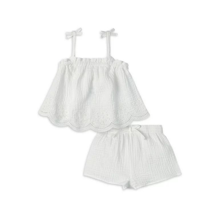 Modern Moments by Gerber Toddler Girl Eyelet Trim Gauze Top and Shorts Set, 2-Piece, Sizes 12M-5T | Walmart (US)