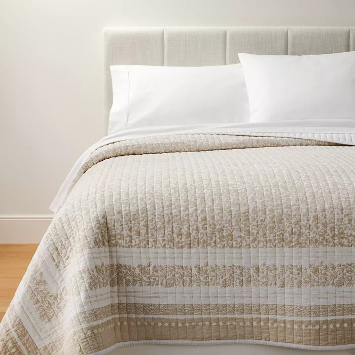 Decorative Border Cotton Slub Wood Block Print Quilt Neutral Floral - Threshold™ designed with ... | Target