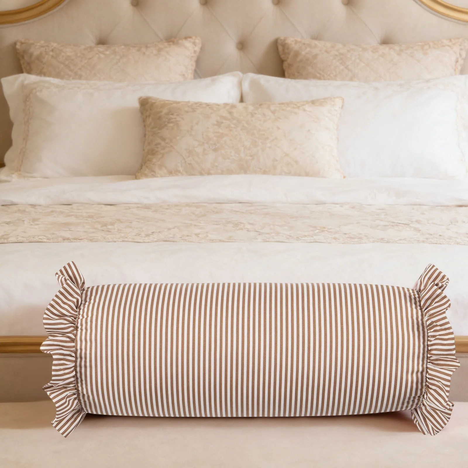 Tan Striped Bolster Pillow with Ruffled Edges - 8x20 inch Soft Cylindrical Neck Roll for Lumbar S... | Walmart (US)