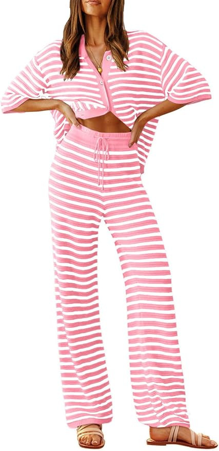Tankaneo Womens Knit 2 Piece Lounge Sets Striped Short Sleeve Tops and Wide Leg Pants Travel Airp... | Amazon (US)