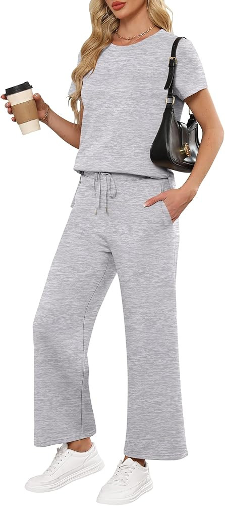 ANRABESS Women 2 Piece Lounge Sets Summer Travel Sweat Outfits Short Sleeve Wide Leg Casual Match... | Amazon (US)