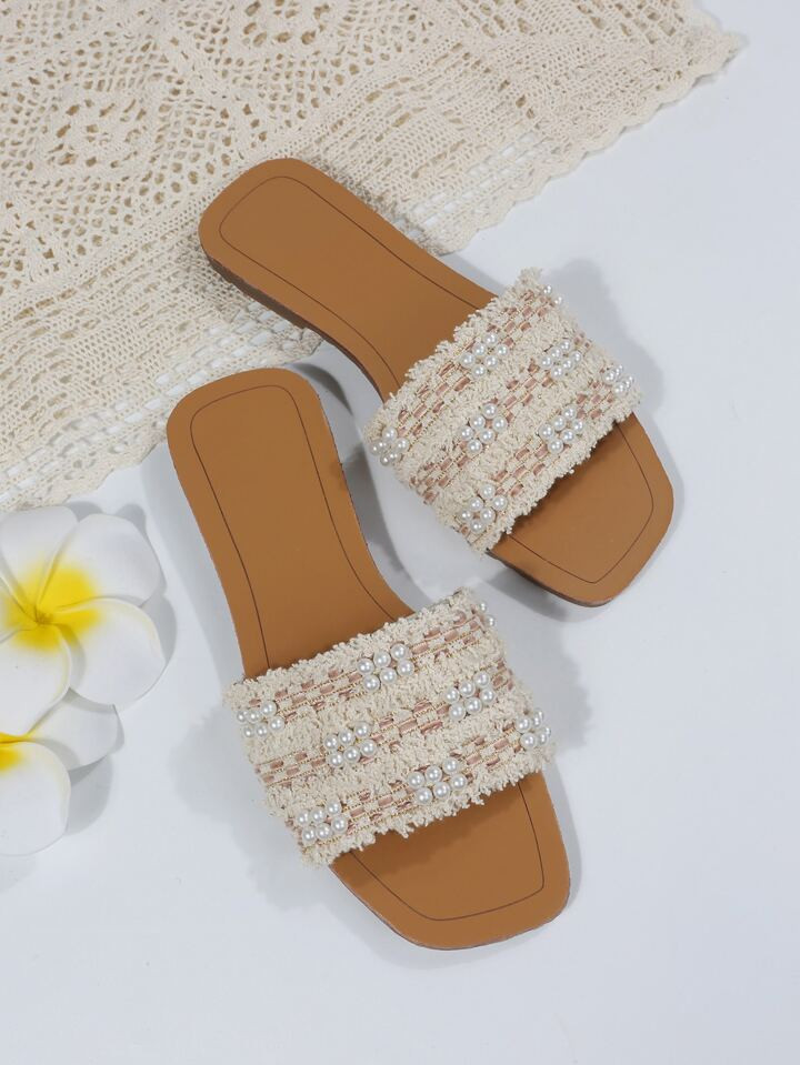 Faux Pearls Detail Flat Slide Sandals | SHEIN