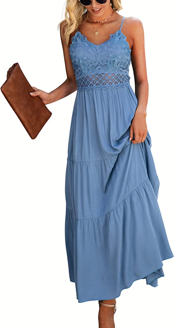Dokuritu Women's Beach Crochet Lace Maxi Dress Solid Color Summer Vacation Spaghetti Strap Long D... | Amazon (US)