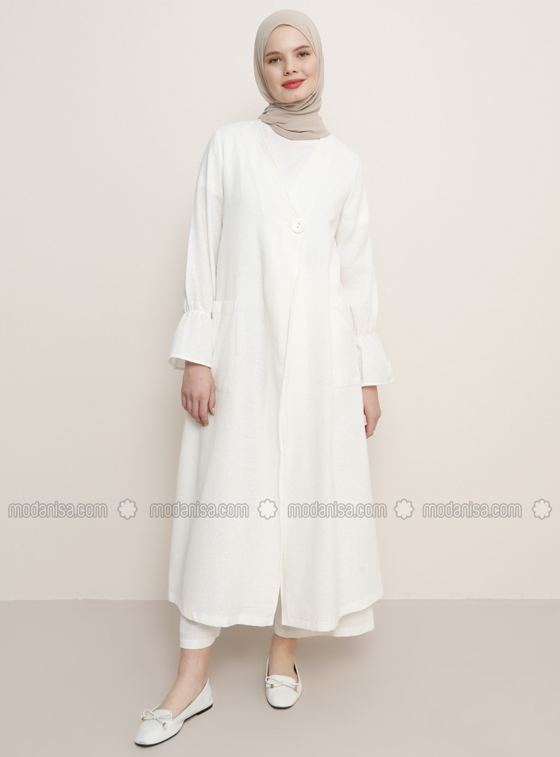 White - Ecru - Unlined - V neck Collar - Linen -  - Topcoat | Modanisa (US)