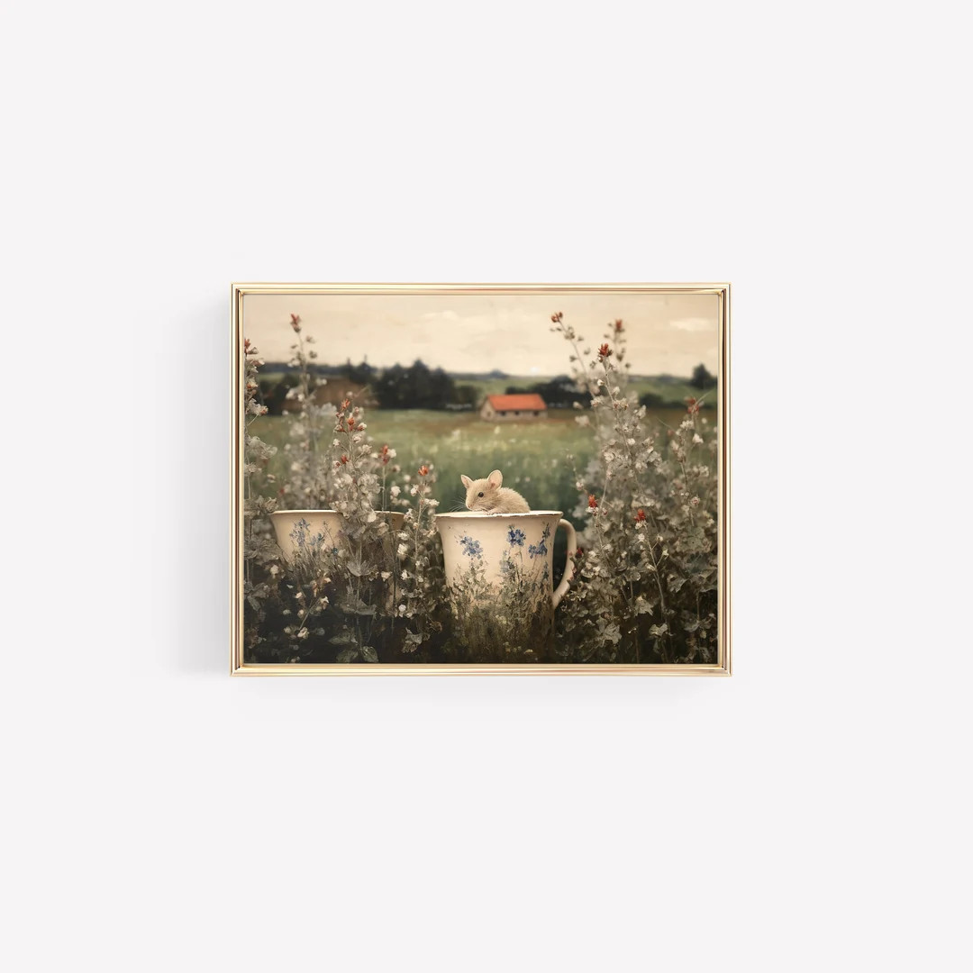 Mouse in a Tea Cup Print Forest Creatures Digital Print Neutral Vintage Mice Nursery Forest Nurse... | Etsy (US)