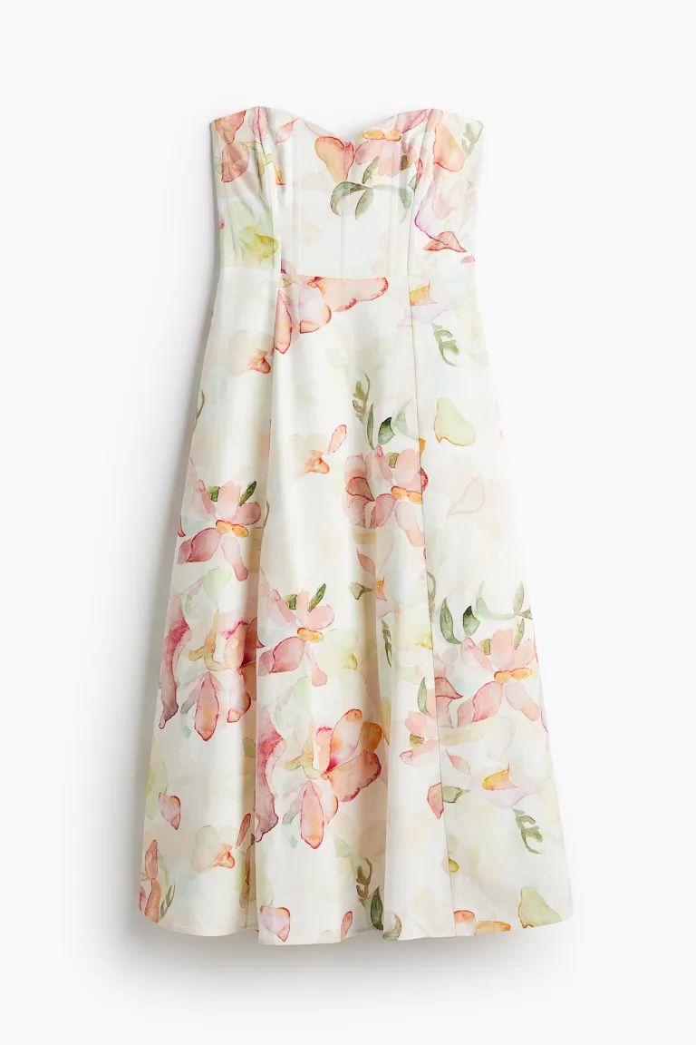 Linen-blend Bandeau Dress - White/floral - Ladies | H&M US | H&M (US + CA)