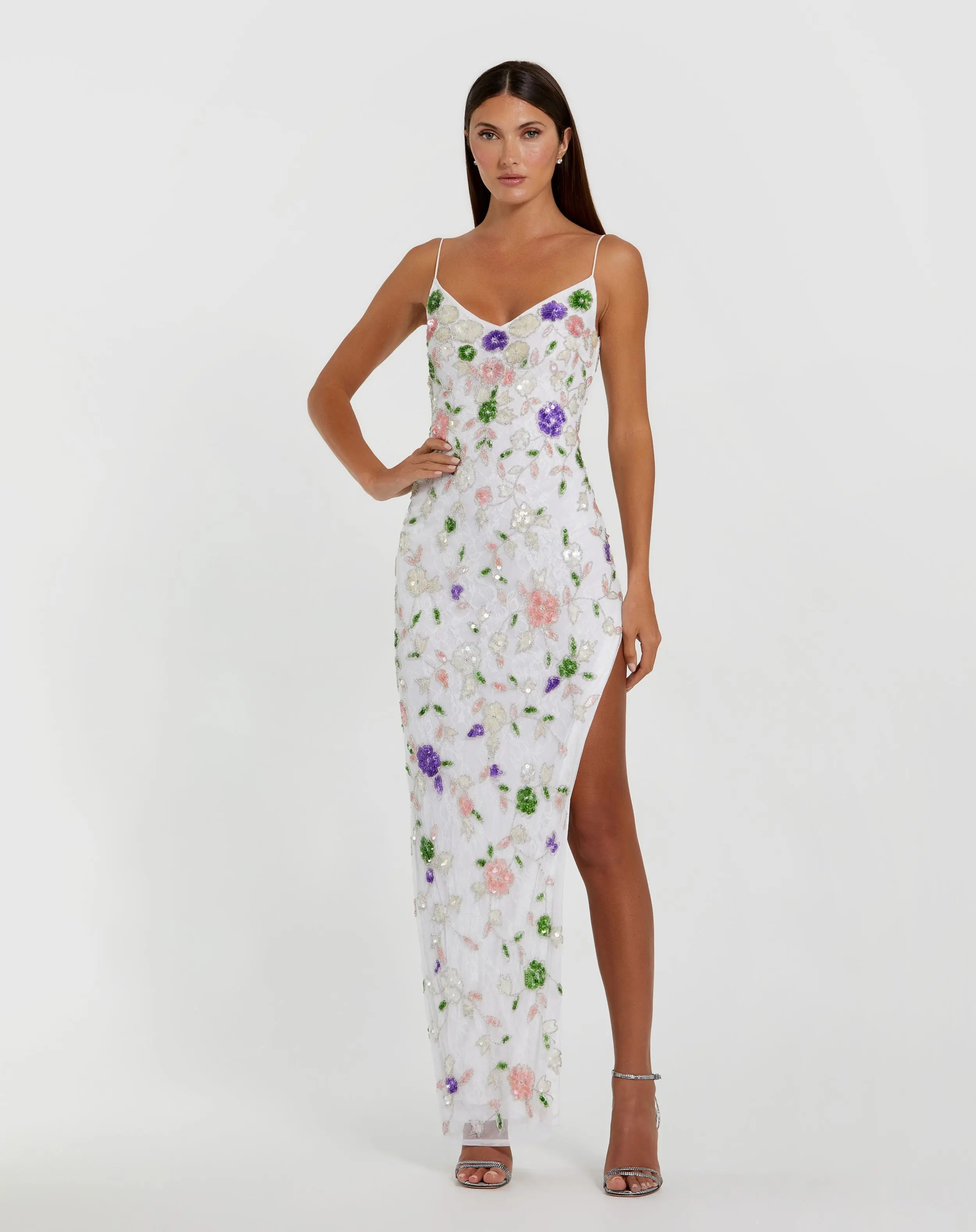 White Embellished Lace Sleeveless V Neck Gown | Mac Duggal