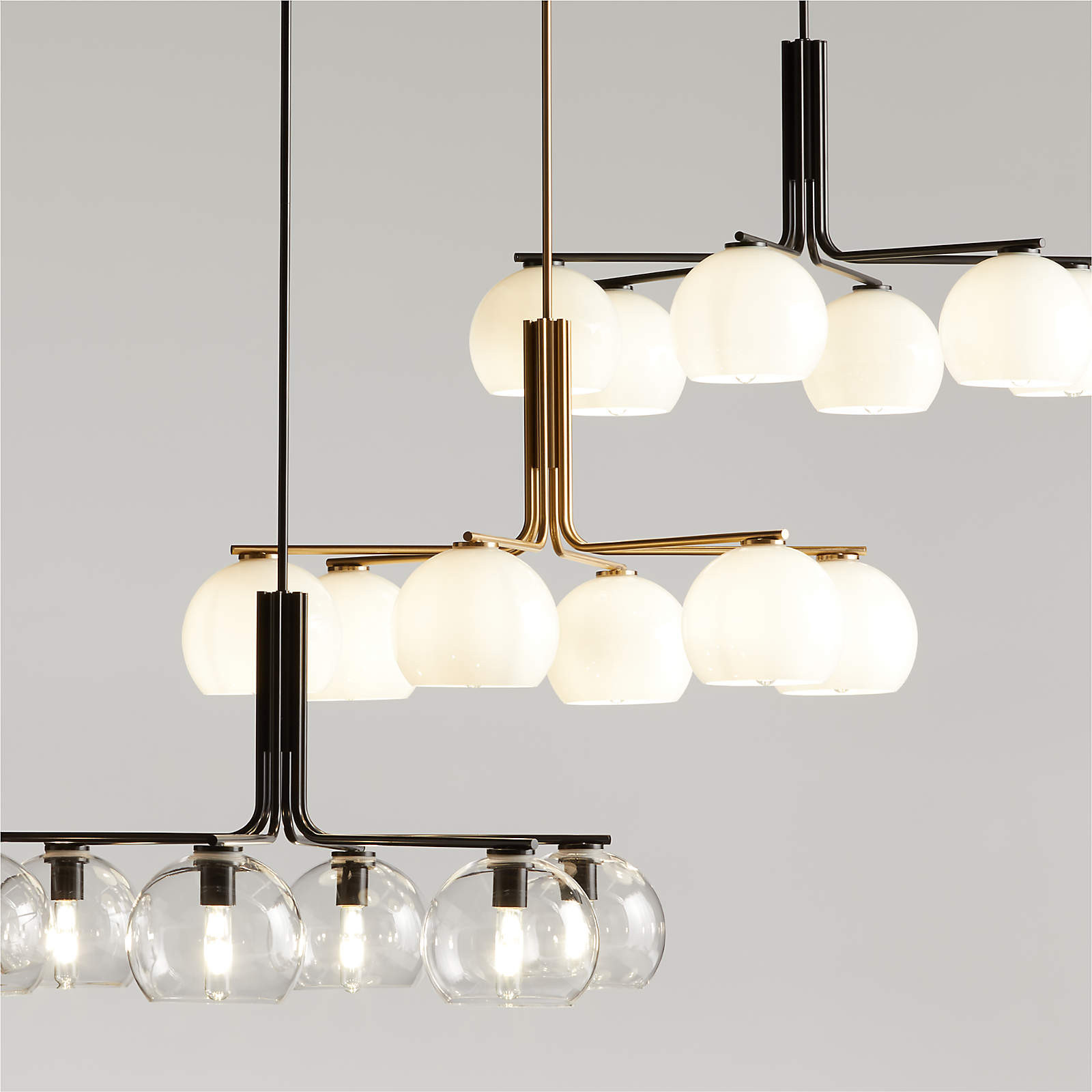 Arren Brass Chandelier Light with Round Milk Glass Shades 37.5" + Reviews | Crate & Barrel | Crate & Barrel
