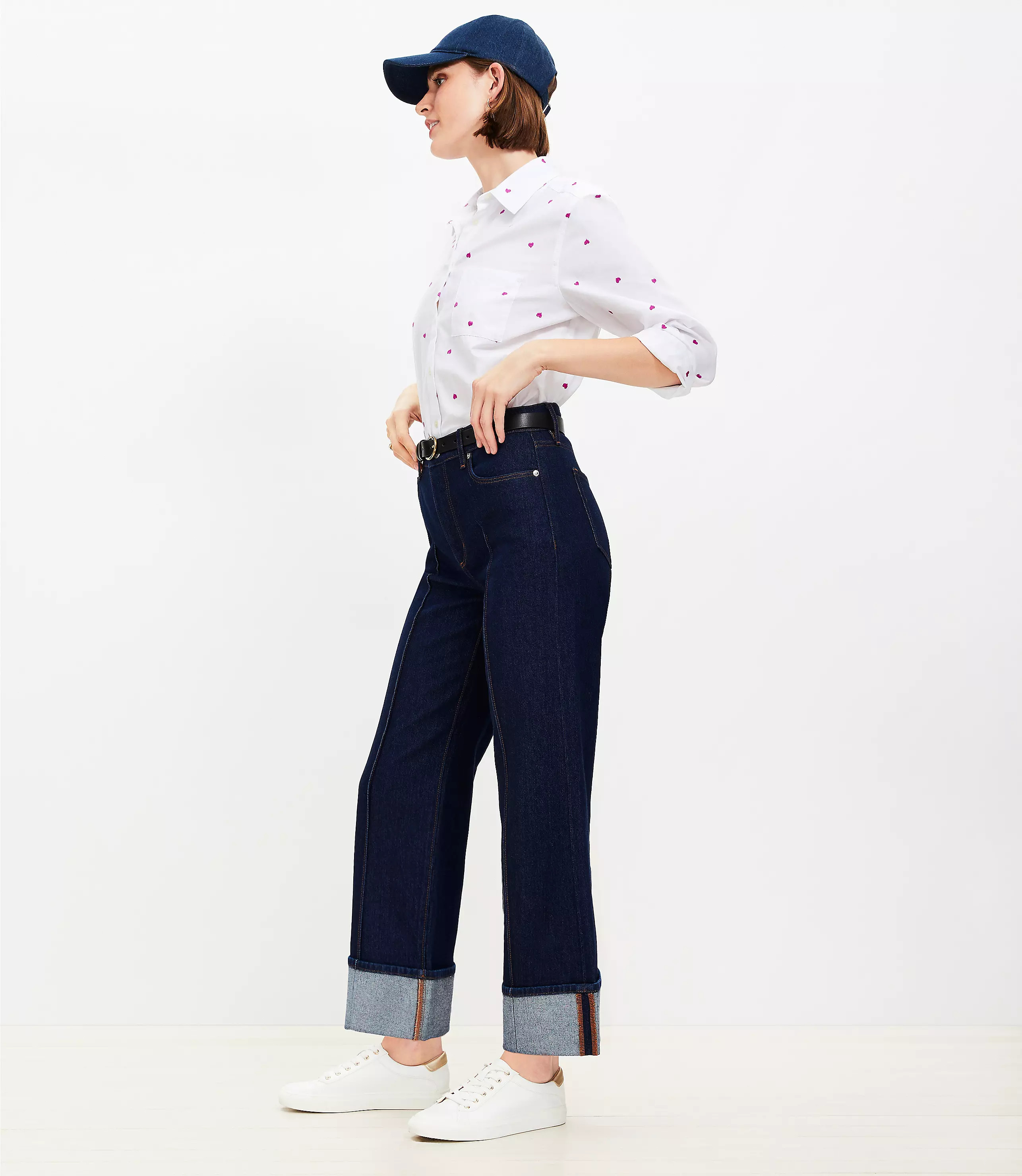 Petite Pintucked Cuffed High Rise Wide Leg Crop Jeans in Dark Rinse | LOFT
