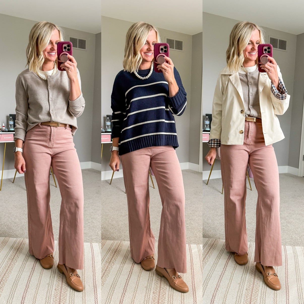 Fall Capsule 2026 🍂 Three ways I'm styling my pink corduroy wide-leg pants! This is look 5 of 8 with this piece — my 20-piece capsule mixes and matches into 120 outfits. Which one is your favorite?! Shop the pieces on my LTK! 🤎 

 #fallcapsulewardrobe #capsulewardrobe #falloutfits #fallfashion #petitestyle #affordablefashion #ltkstyle #ltkfall