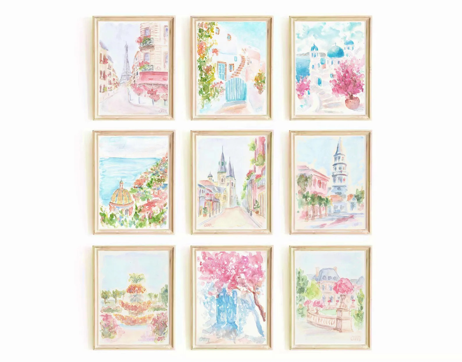 Pastel Pink Preppy Travel Watercolor Print Set: Italy, Paris, Charleston, New Orleans (Digital Do... | Etsy (Global)