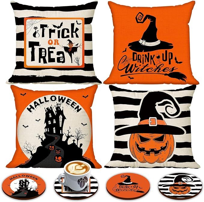 Happy Halloween Pillow Cover 18 x 18 Set of 4 with 4 Bonus Decorative Coasters, Linen Spooky Pump... | Amazon (US)