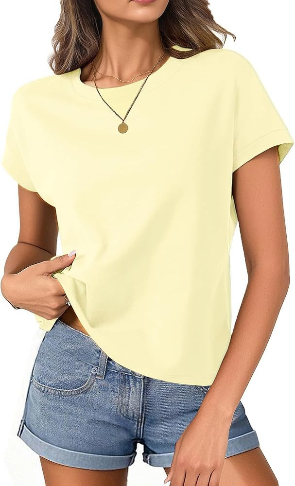 Womens Boxy Tee Shirts Cap Sleeve Crop Tops Cotton Loose Fit T Shirts Crewneck Short Sleeves Casu... | Amazon (US)