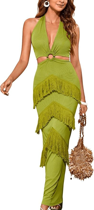 Women's Solid Sleeveless O-Ring Cut Out Halter Neck Maxi Dress Backless Fringe Trim High Waist Su... | Amazon (US)