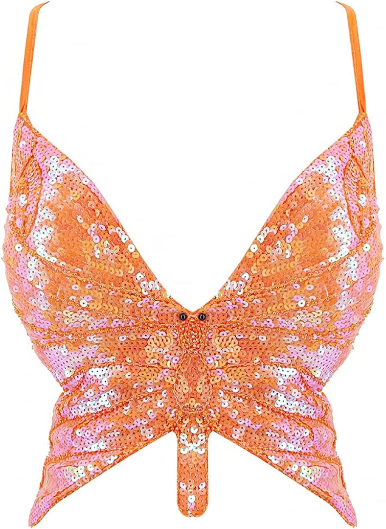 Mocure Womens Glitter Sequin Butterfly Crop Top Low-Cut Tank Top Rave Tube Vest Top for Belly Dan... | Amazon (US)