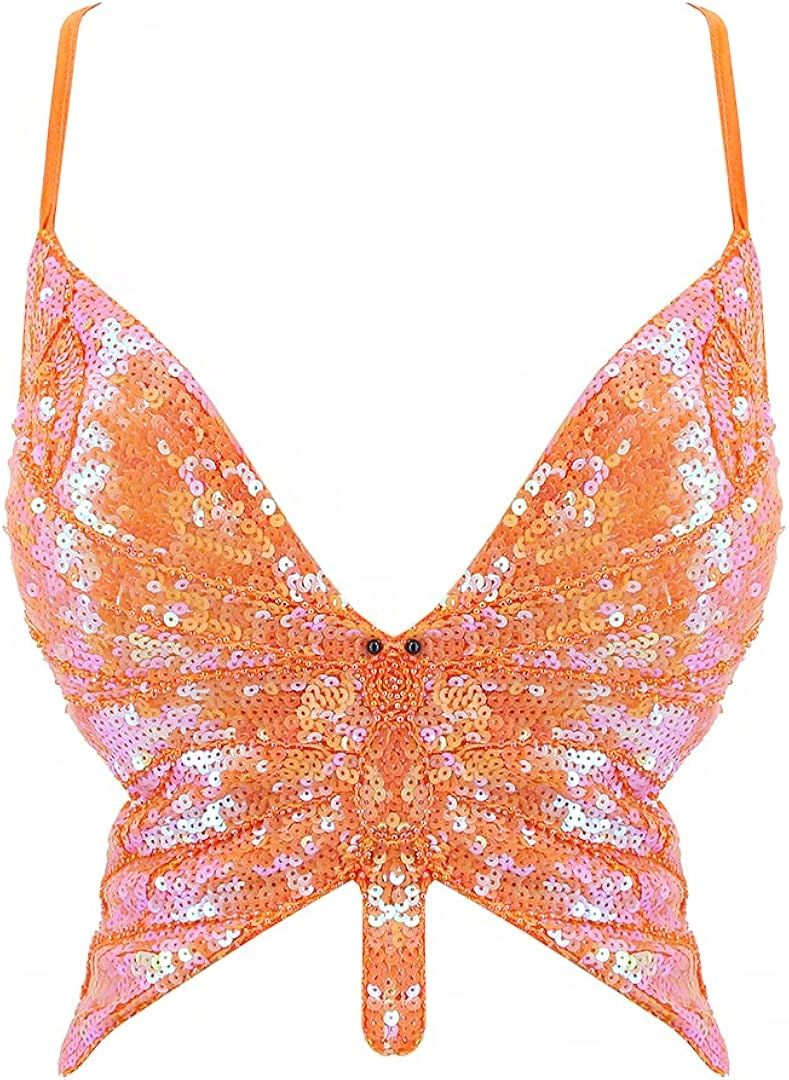 Mocure Womens Glitter Sequin Butterfly Crop Top Low-Cut Tank Top Rave Tube Vest Top for Belly Dan... | Amazon (US)