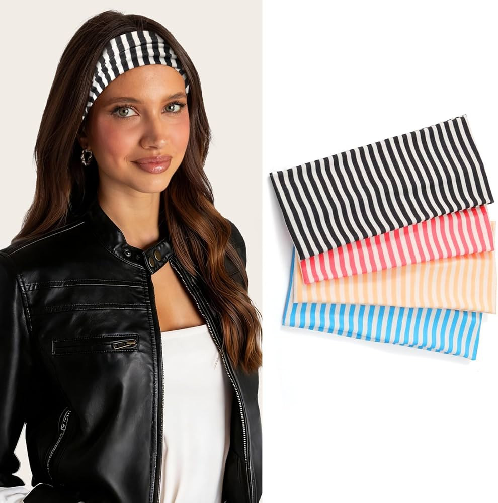 4 Pack Stripe Headband for Women - Non Slip Wraps Elastic Stretchy Hairbands, Soft Fabric Hair Ba... | Amazon (US)