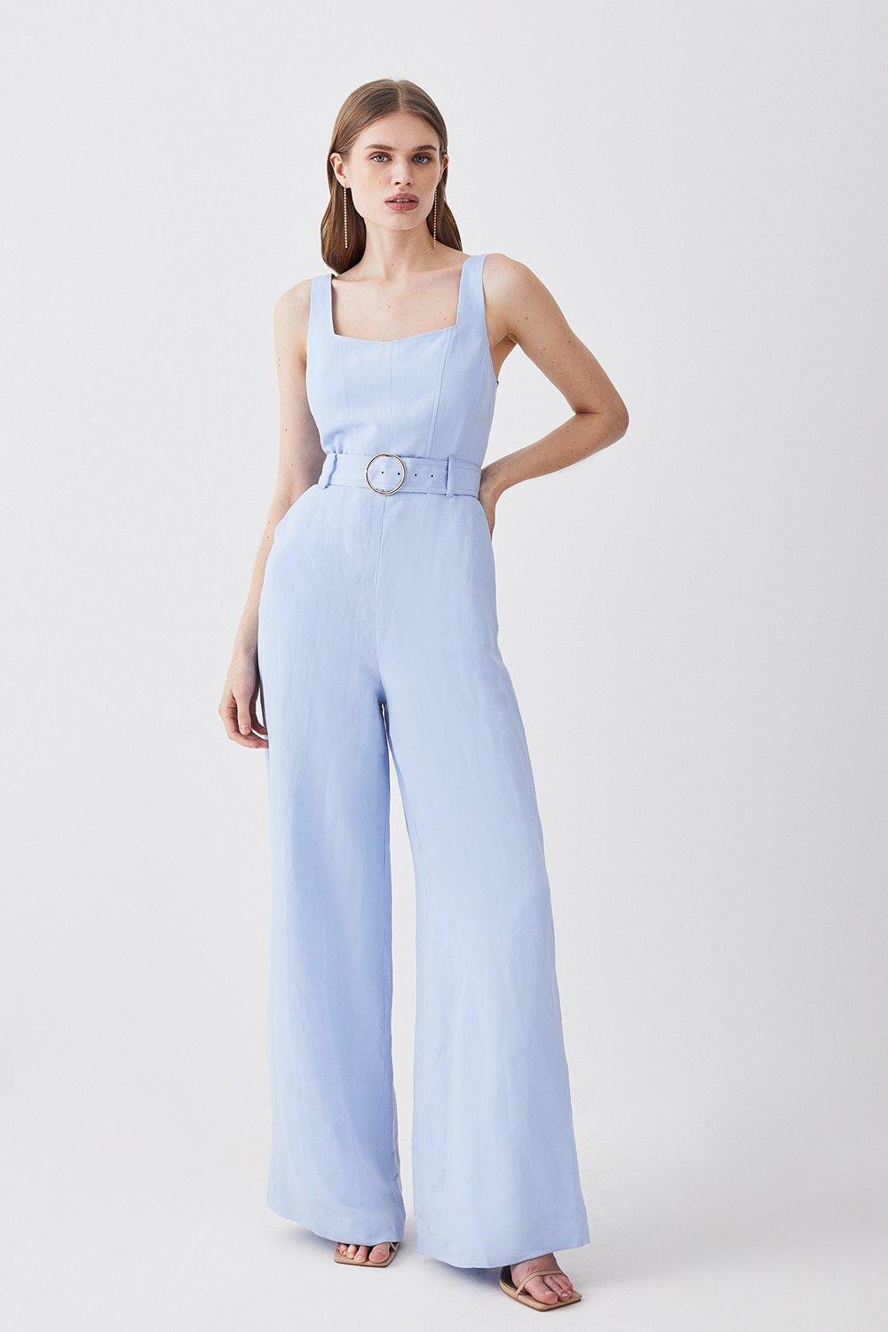 Linen Seamed Detail Wide Leg Jumpsuit | Karen Millen UK + IE + DE + NL