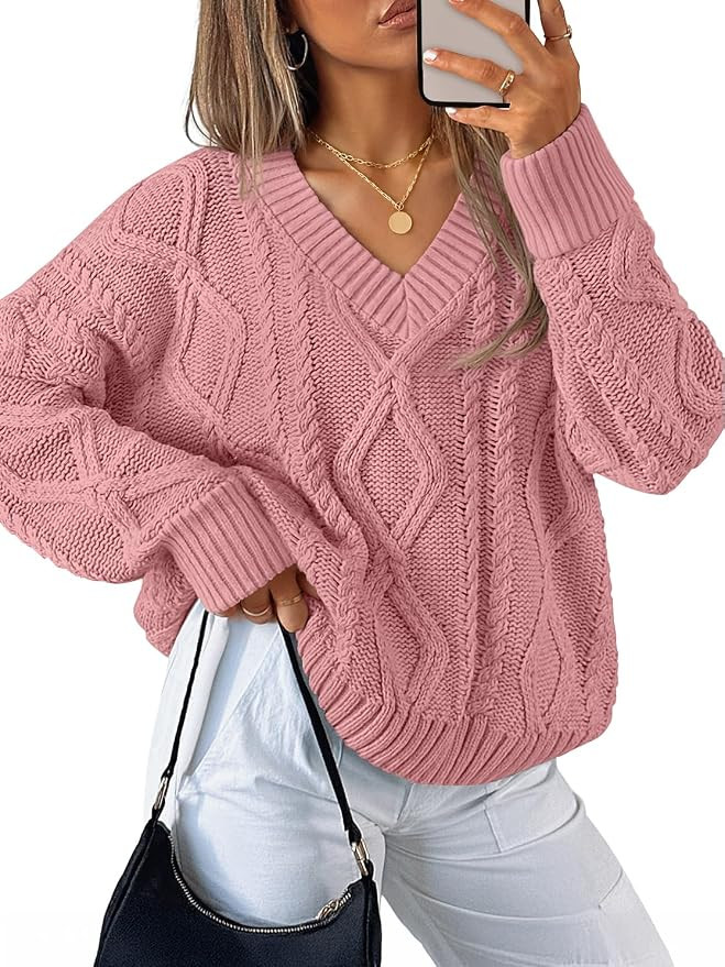 ZESICA Women's Fall Oversized Sweaters 2025 Casual Long Sleeve V Neck Cable Knit Trendy Pullover ... | Amazon (US)