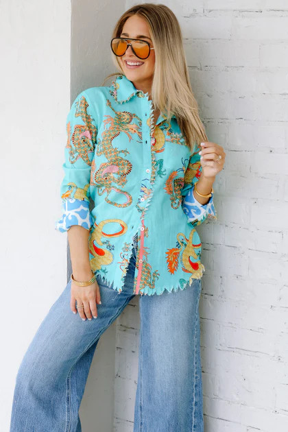Cape Cod Linen Turquoise Dragon Printed Long Sleeve Blouse | The Willow Tree