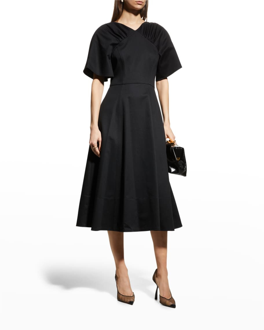 Carolina Herrera Gathered-Sleeve Belted Midi Dress | Neiman Marcus