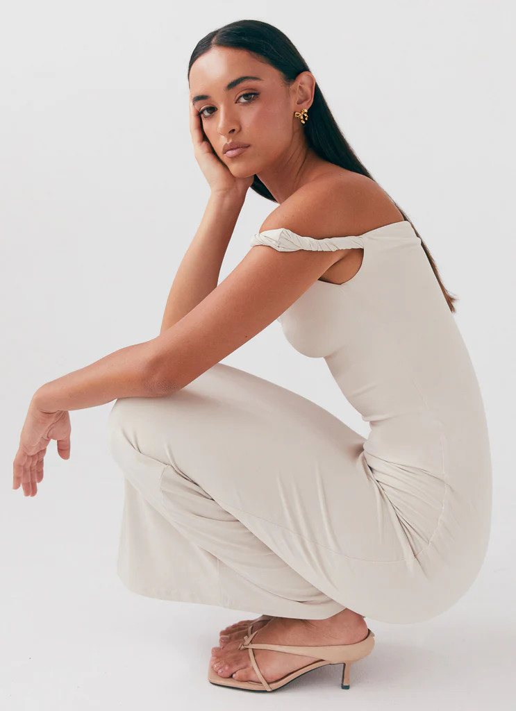 Arabella Twist Shoulder Maxi Dress - Beige | Peppermayo (Global)