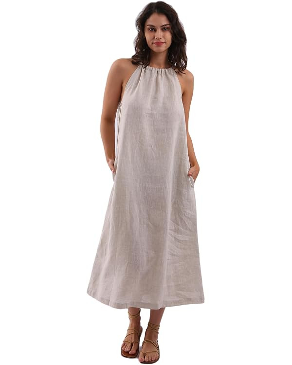 Amazhiyu Womens Causal Linen Dress, 100% Linen Summer Halter Sleeveless Maxi Dress, Drawstring Dr... | Amazon (UK)