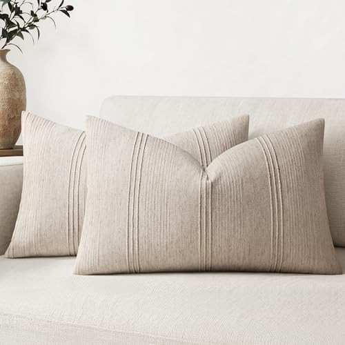 MIULEE Lumbar Striped Throw Pillow Covers 12x20 Natural Linen 2 Pack | Amazon (US)