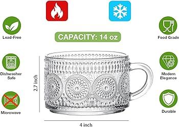 Mfacoy Vintage Coffee Mugs Set of 2, 14 oz Embossed Glass Cups with Handle, Clear Cups for Cappuc... | Amazon (US)