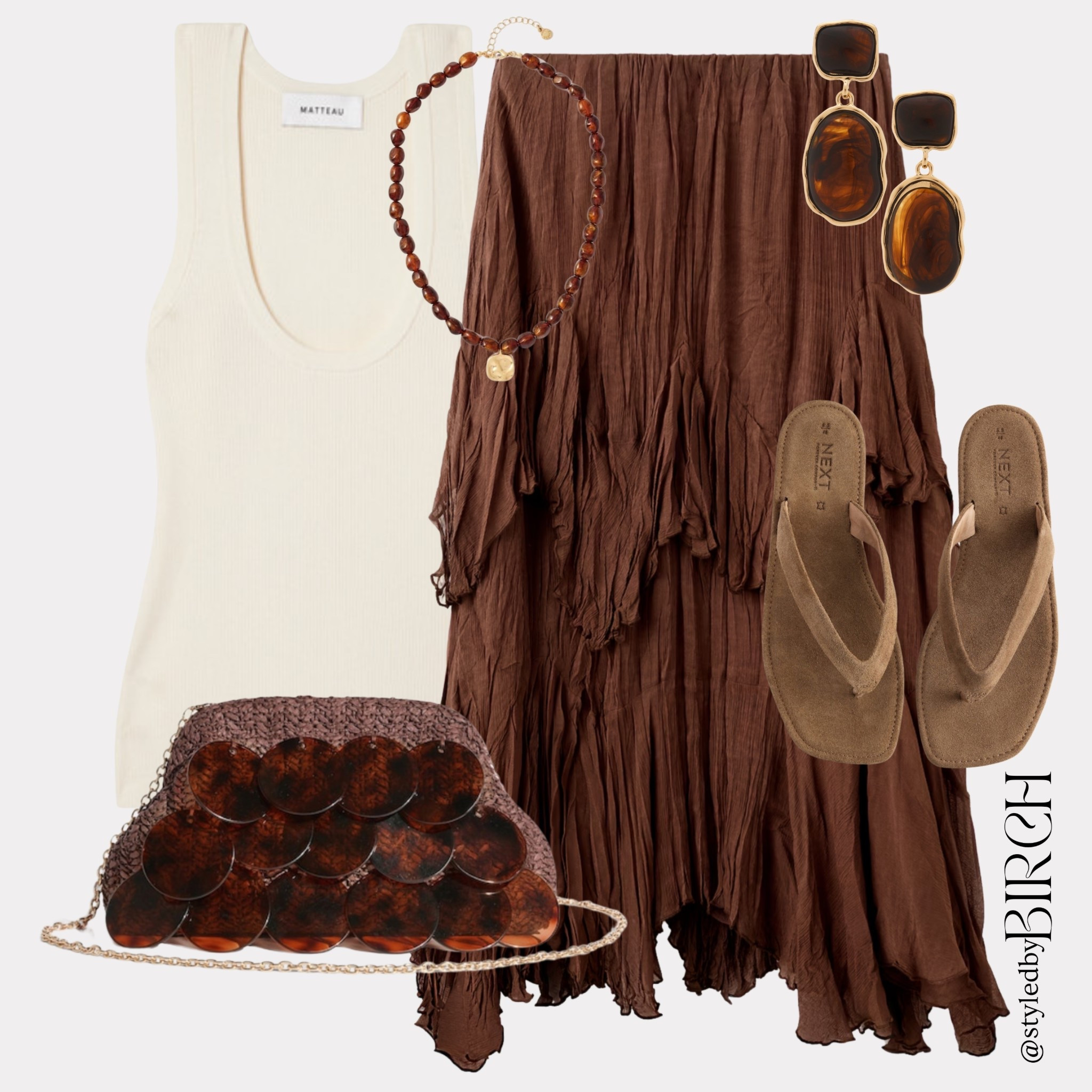 Is it too early to plan spring/summer or holiday outfits… or are we just being prepared? 🤎

Tags 🏷️
Cream ribbed scoop neck tank, chocolate brown ruffle midi skirt, tan suede flip flops, tortoiseshell statement earrings, matching beaded necklace, tortoiseshell shell clutch with gold chain

#LTKtravel #LTKspring #LTKeurope