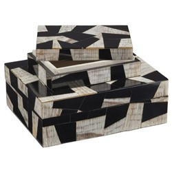 Brim Mid Century Modern Classic Black Chiseled Horn Decorative Box - Set of 2 | Kathy Kuo Home
