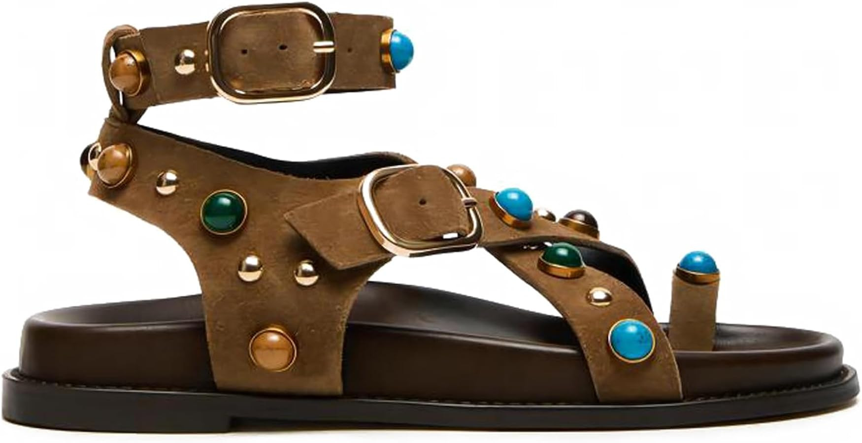 DOEYG Beaded Strappy Flats Sandals for Women Round Open Toe Flip Flops Thong Studded Gladiator Sa... | Amazon (US)