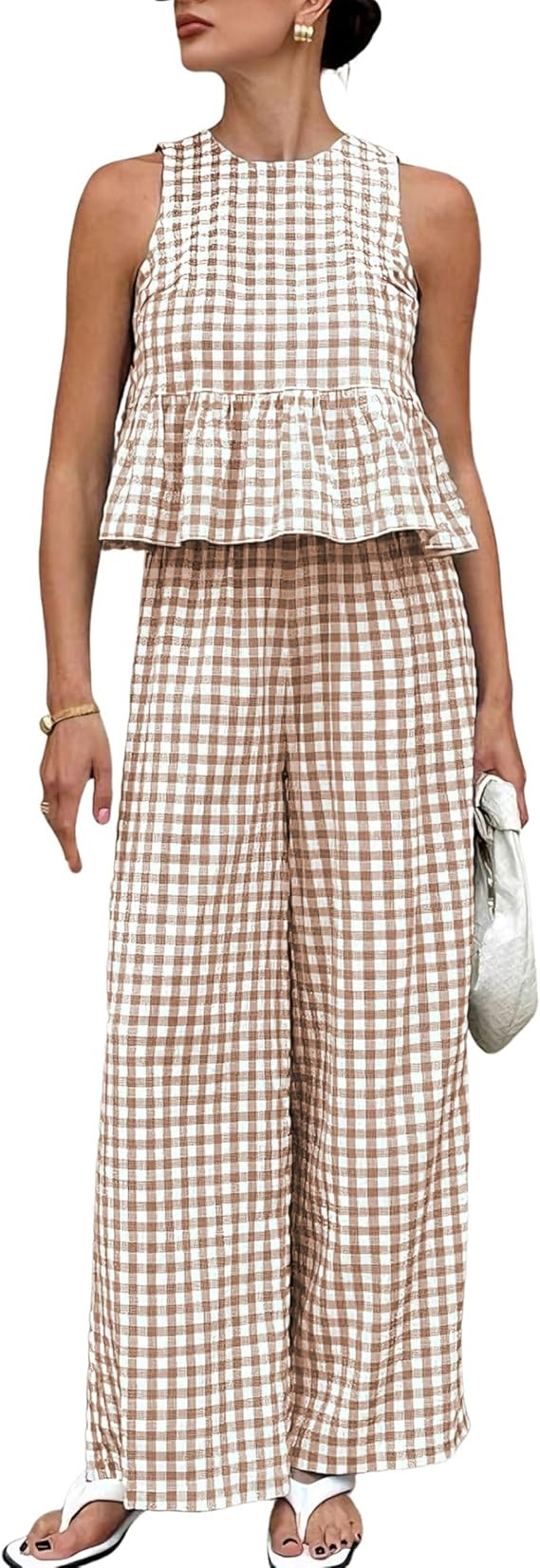 Tanming Women's 2 Piece Set Outfits Gingham Plaid Tank Tops Wide Leg Pants Matching Lounge Sets | Amazon (US)