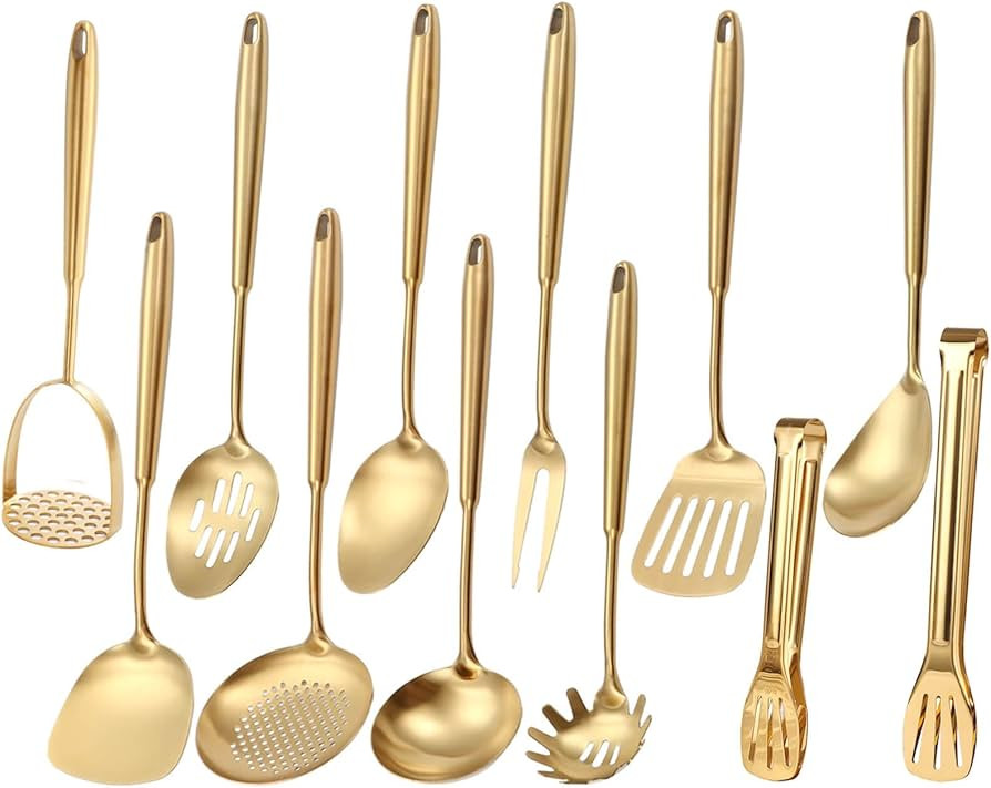 Gold Kitchen Utensils Set, 12 PCS Brass Matte Serving Utensils, 18/10 Stainless Steel All Metal C... | Amazon (US)