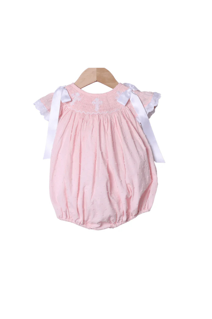 Smocked Cross Pink Swiss Dot Bow Bubble | The Smocked Flamingo