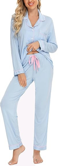 Anjue Pajamas for Women Soft Button Up Pajama Set Long Sleeve Shirt and Pajama Pants Lounge Sets ... | Amazon (US)