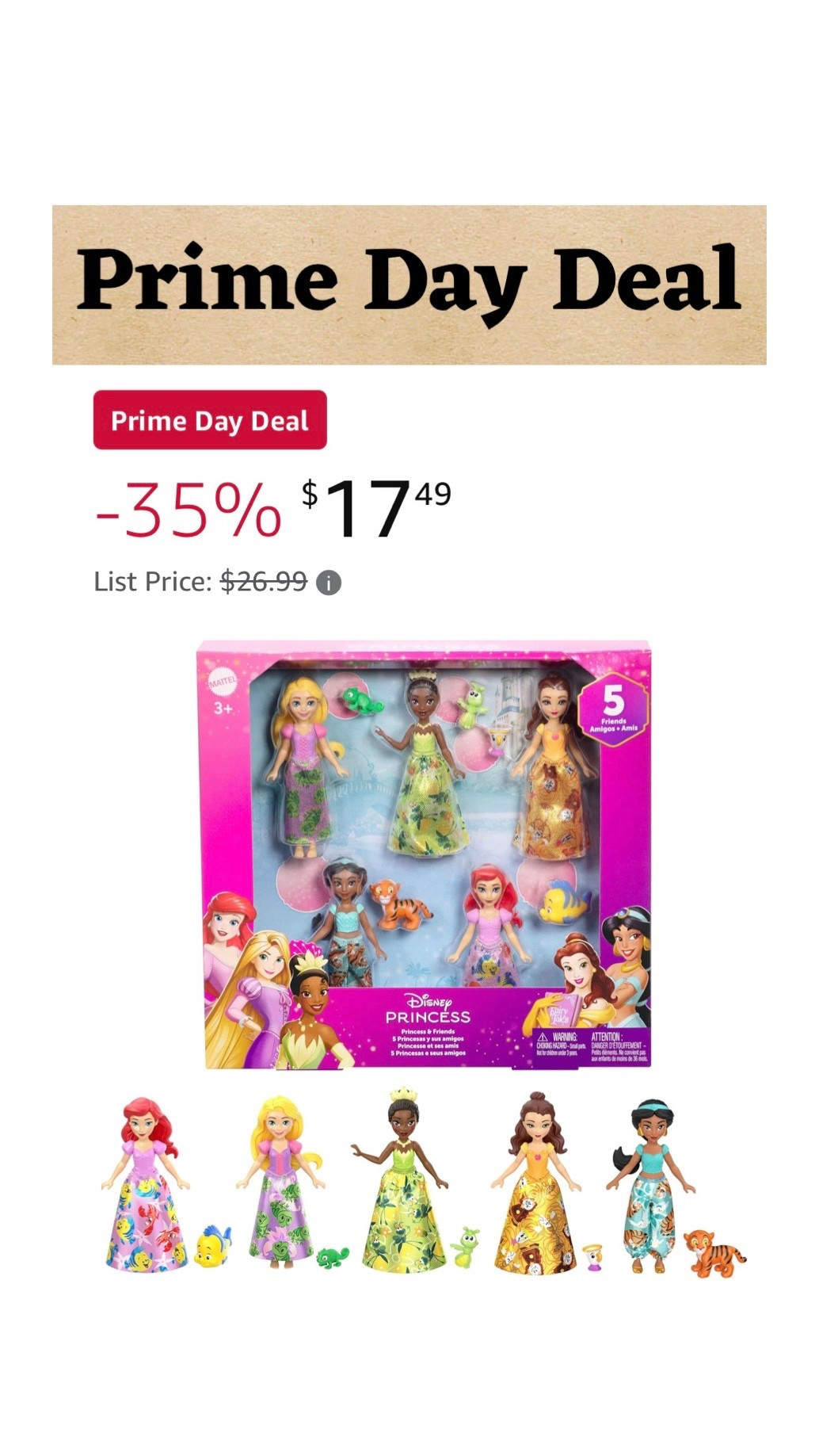 Prime Day Deals. Mattel Disney Princess & Friends Set with 5 Posable Small Dolls in Removable Skirts or Pants & 5 Friend Figures, Inspired by The Disney Movies

#LTKSaleAlert #LTKFamily #LTKKids