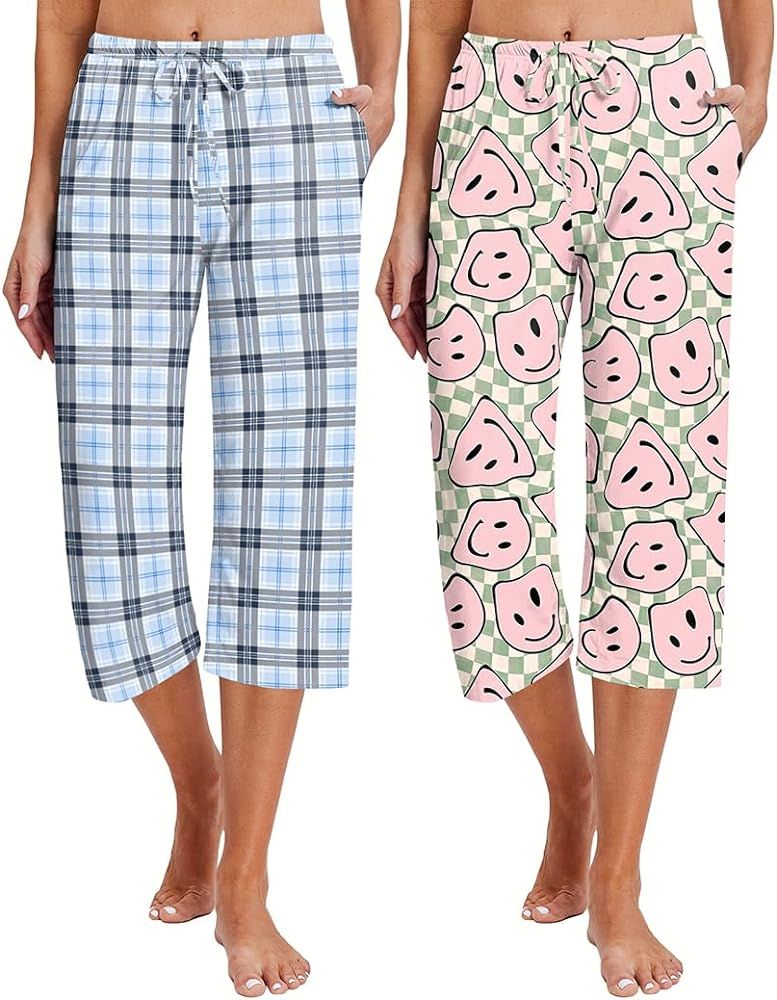 Ekouaer 2 Pack Women's Capri Pajama Pants Comfy Floral Print Drawstring Pj Bottoms With Pockets | Amazon (US)