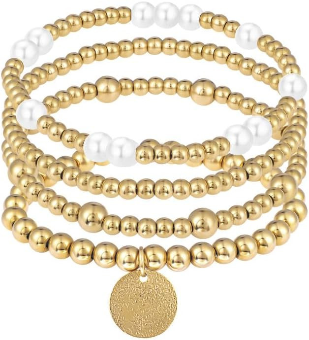 Gold Bracelets for Women, 14K Gold Plated Beaded Bracelets Gold Stretch Bead Ball Bracelet stack ... | Amazon (US)