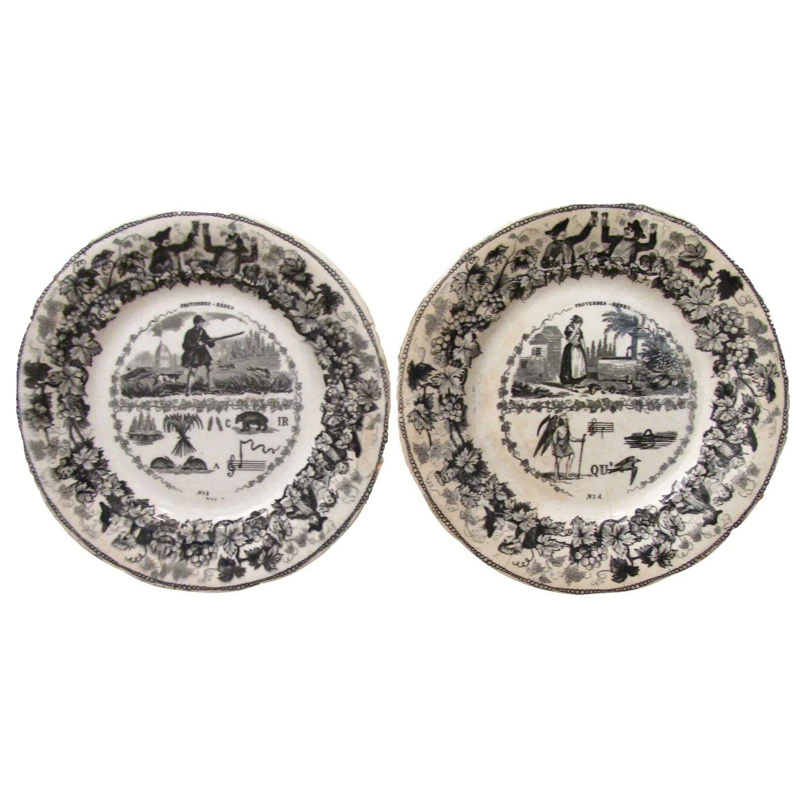 Antique French Transferware Rebus (Riddle) Plates, Pair | Chairish