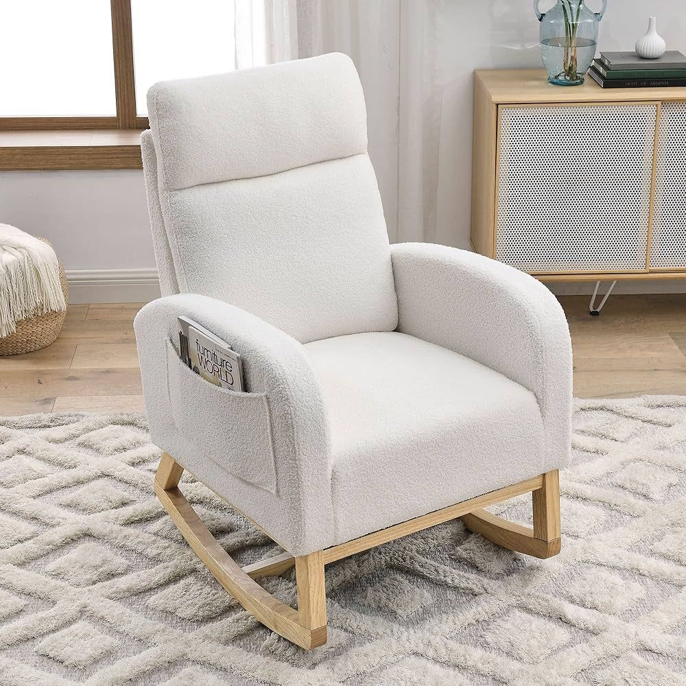 Nursery Rocking Chair with Solid Wood Legs, Glider Chair for Nursery with Two Side Pockets, Rocke... | Amazon (US)