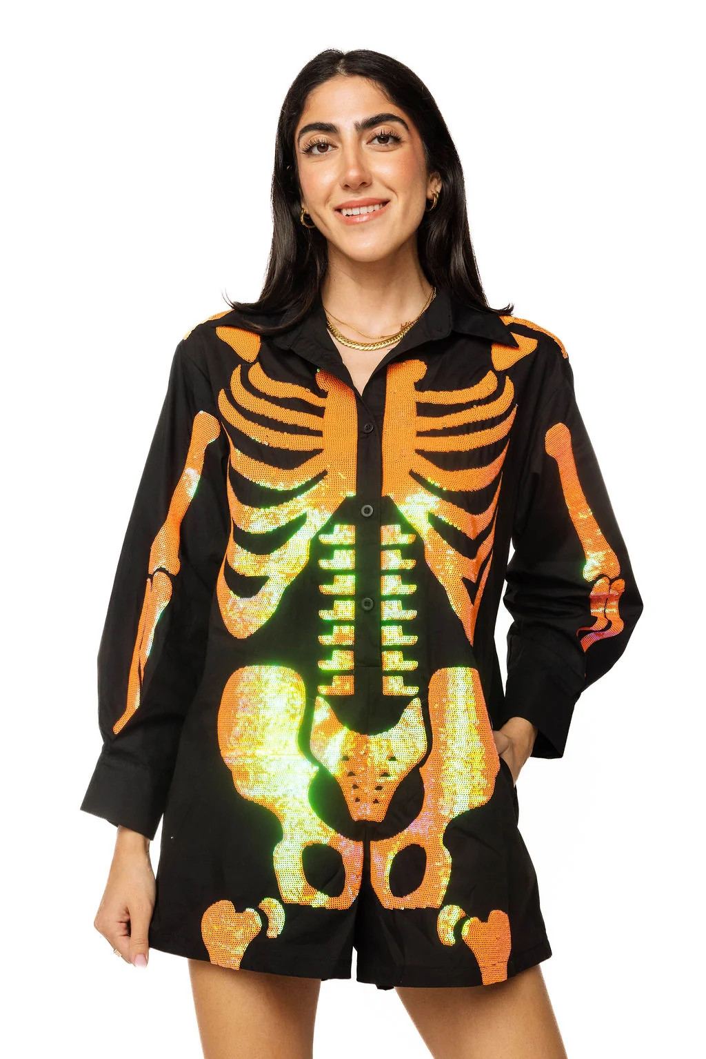 Black & Orange Sequin Skeleton Romper | Queen of Sparkles
