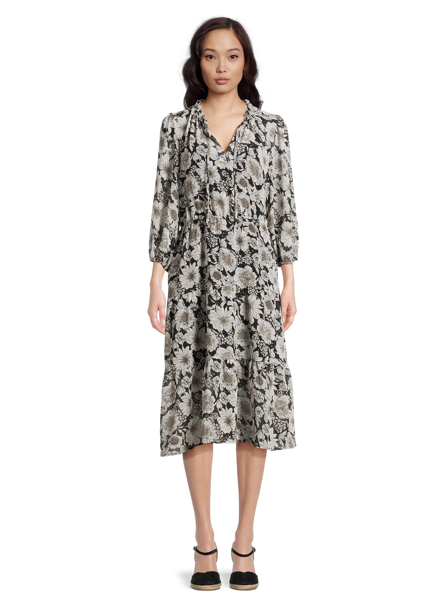 Time and Tru Women's Tiered Midi Dress with Puff Sleeves, Sizes XS-XXXL | Walmart (US)