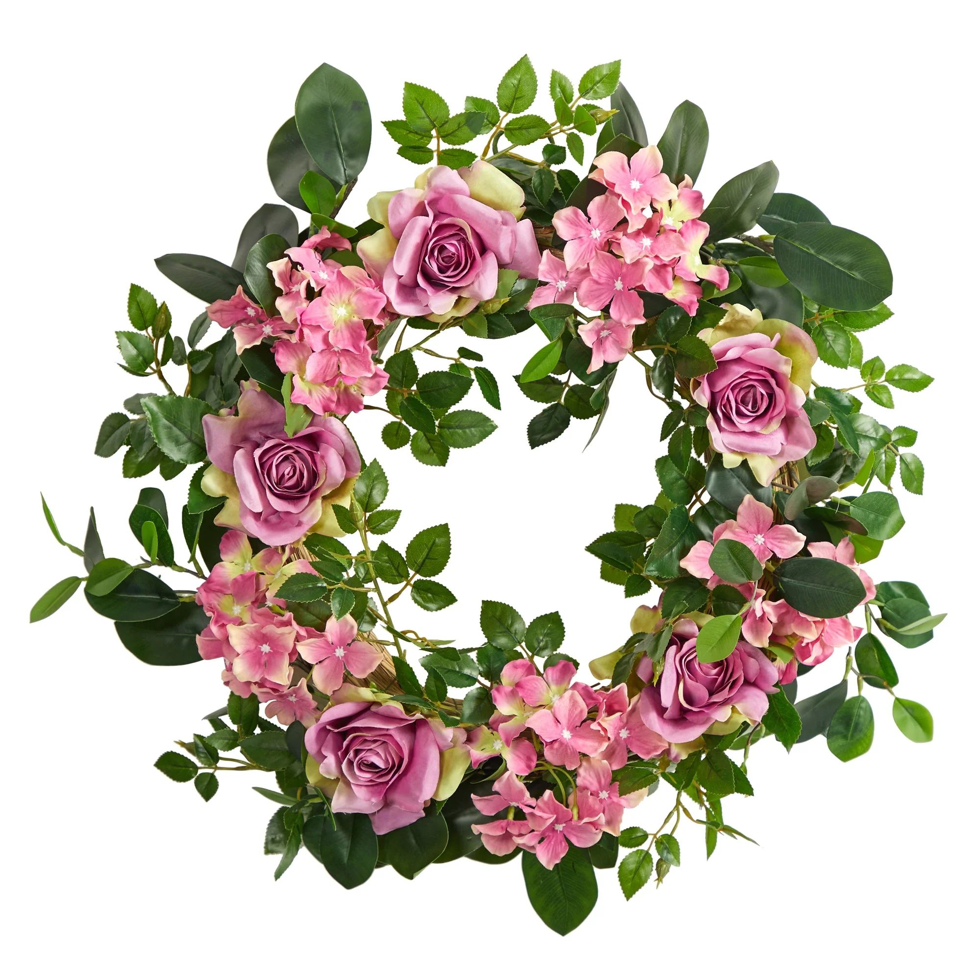 22” Pink Hydrangea and Rose Artificial Wreath | Nearly Natural | Nearly Natural